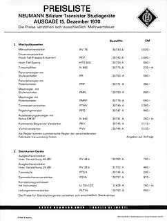 Neumann Preisliste Mischpulttechnik 1970 deutsch