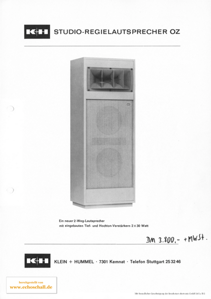 Klein + Hummel Prospekt OZ Studio-Regielautsprecher 1971 deutsch