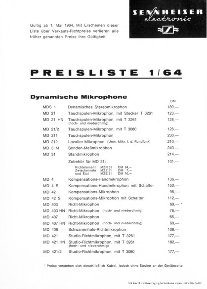 Sennheiser Preisliste 1964 deutsch
