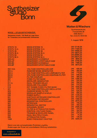 Moog Preisliste Modular-Synthesizer Synthesizerstudio Bonn 1979 deutsch