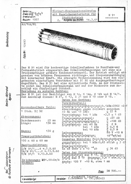 Neumann Gefell Typenblatt M91 Mikrofon 1961 deutsch