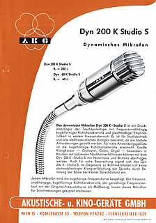AKG Prospekt Dyn 200K Studio S Mikrofon 1958 deutsch