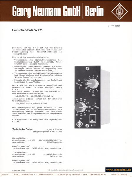 Neumann Prospekt W475 Hoch-Tief-Pass-Filter 1984 deutsch