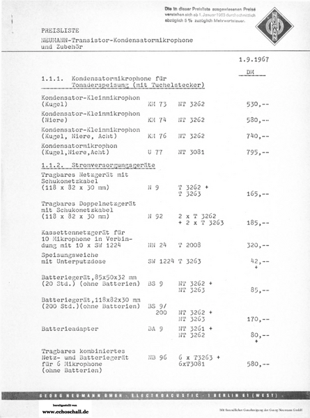 Neumann Preisliste fet70 Mikrofone Tonaderspeisung September 1967 deutsch