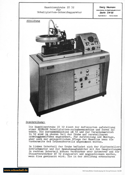 Neumann Prospekt ZT32 Maschinentruhe für Schallplattenschneidemaschine deutsch