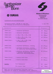 Yamaha Preisliste Synthesizerstudio Bonn 1979 deutsch