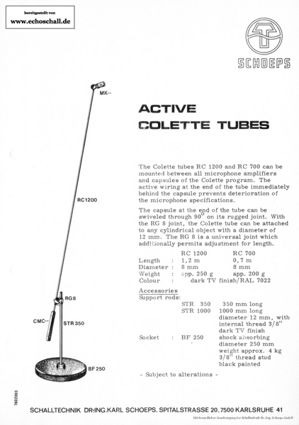 Schoeps Brochure RC1200 RC700 Active Colette Tubes 1976 english