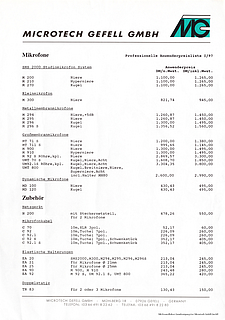 Microtech Gefell Preisliste Mikrofone 1997 deutsch