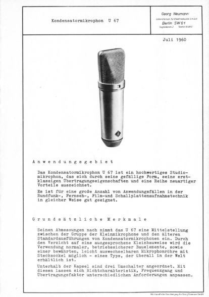 Neumann Prospekt U67 Valve Mic 1960 deutsch