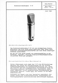 Neumann Prospekt U67 Valve Mic 1960 deutsch
