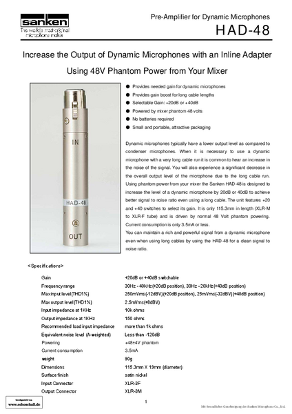 Sanken Brochure HAD-48 Mic Preamplifier 2009 english