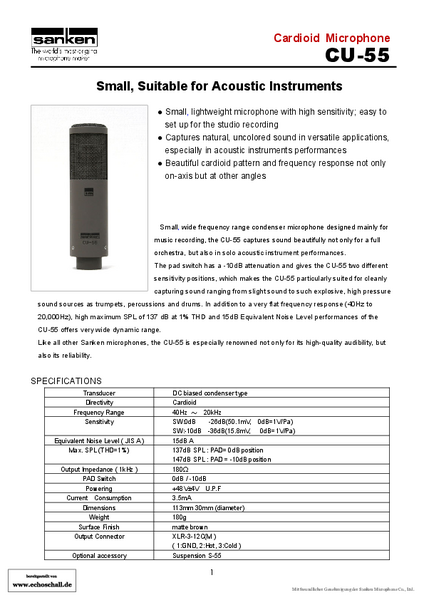 Sanken Brochure CU-55 Small Size Microphone 2012 (english)