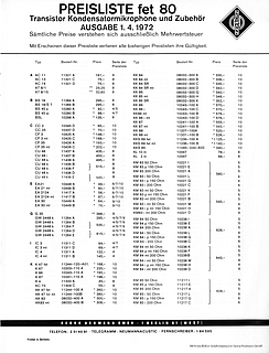 Neumann Preisliste Mikrofone 1972 deutsch