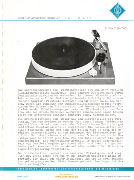 Neumann Prospekt PA62a PA62b Schallplattenspieler 1964 deutsch