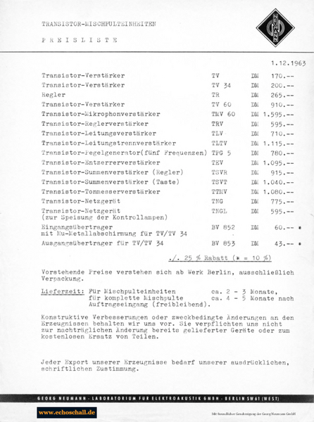 Neumann Preisliste Mischpulttechnik 1963 deutsch