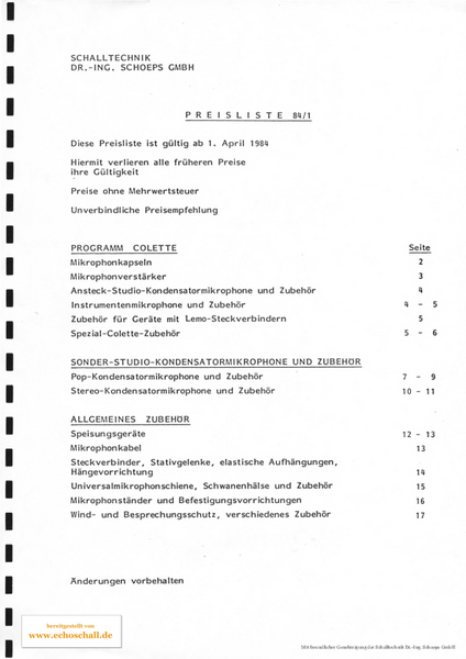 Schoeps Preisliste Mikrofone 1984 deutsch