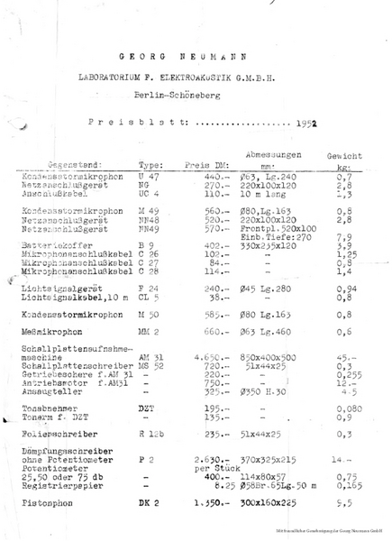 Neumann Preisliste Gesamtprogramm 1952 deutsch
