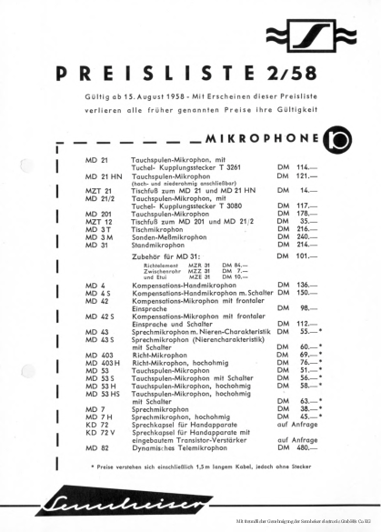 Sennheiser Preisliste 2/1958 deutsch