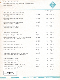Neumann Preisliste Mikrofon April 1967 deutsch