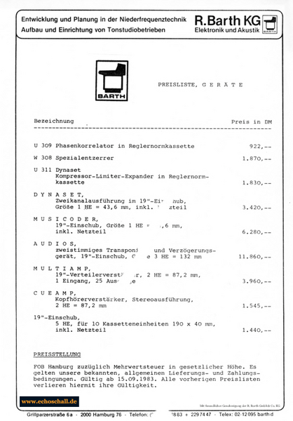 Barth Preisliste Studiogeräte Zubehör 1984 deutsch