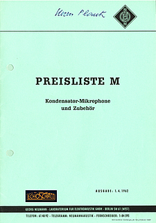 Neumann Preisliste Mikrofon 1962 deutsch