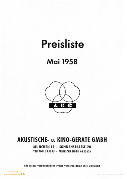 AKG Preisliste Mikrofone 1958 deutsch