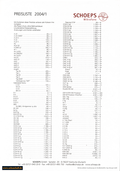 Schoeps Preisliste Mikrofone 2004 deutsch