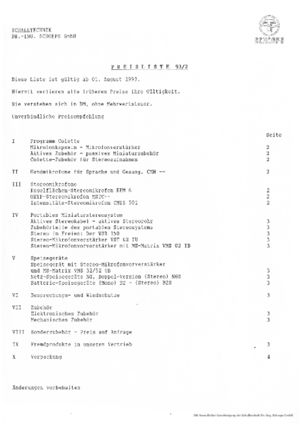 Schoeps Preisliste Mikrofone 1993 deutsch