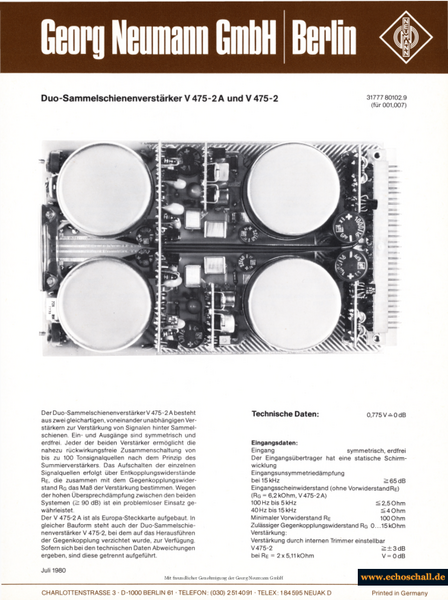 Neumann Prospekt V475-2 V475-2A Summiermodul 1980 deutsch