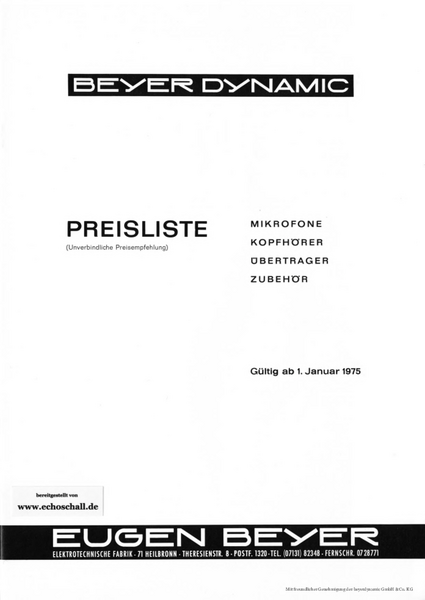 Beyer Dynamic Preisliste 1975 deutsch