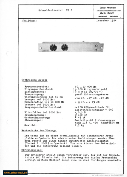 Neumann Prospekt SE2 Schneidentzerrer 1954 deutsch