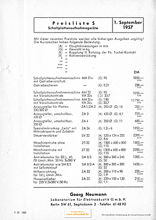 Neumann Preisliste Schallplatten-Aufnahmegeräte 1957 deutsch